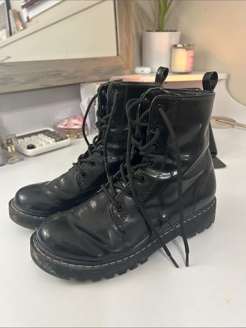 Divided Black Patent Lace-Up Platform Combat Boots